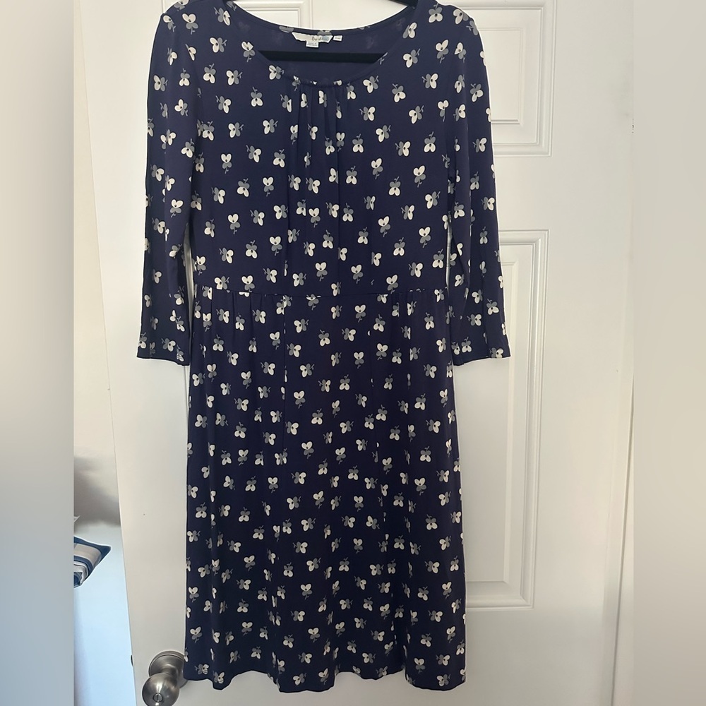 Boden womens Floral Jersey‎ Knit Shirt Dress size 10P Navy Blue 3/4 sleeve